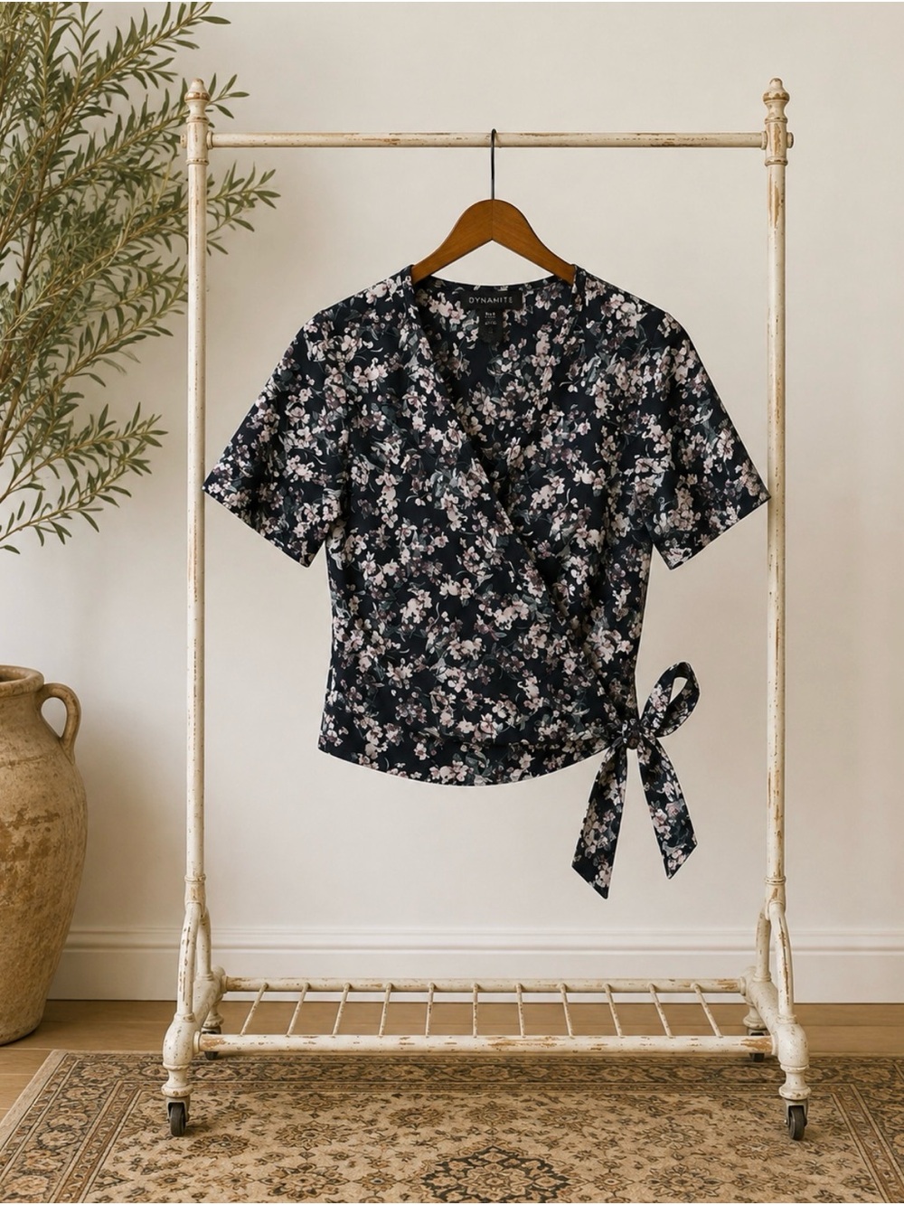 Dynamite Black Floral Wrap Tie Blouse with Pink Blooms